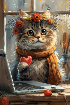 A Felidae with whiskers, fur, and a snout, wearing a flower crown and scarf, holds a heart in front of a laptop. Small to mediumsized carnivore cat using a computer