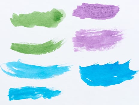 Watercolor brush stroke of blue and green paint, on a white background, set