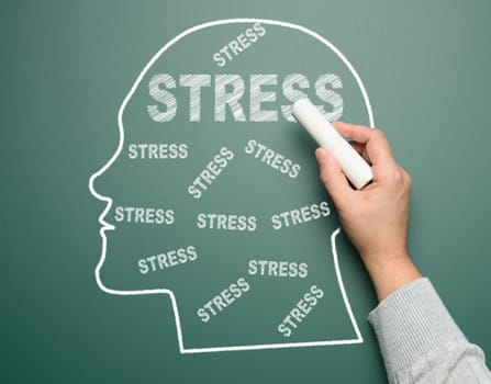 Chalk-drawn silhouette of a human head, a hand writing the word stress on a green chalkboard, representing the concept of mental health