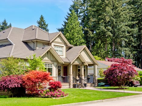 A perfect neighborhood. Luxury residential house with green lawn in front.