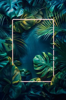 An electric blue neon frame is adorned with tropical leaves, creating an artistic representation of terrestrial vegetation against a dark background