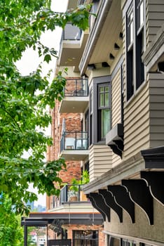 Residential buildings facades on a street of North Vancouver, British Columbia, Canada