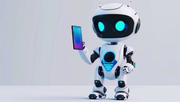 A robot is holding a cell phone in its hand by AI generated image.