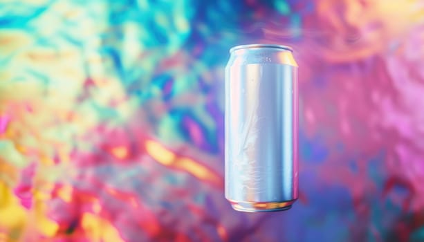 A can of soda is surrounded by a bunch of pink and blue balls by AI generated image.