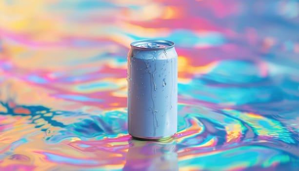A can of soda is surrounded by a bunch of pink and blue balls by AI generated image.