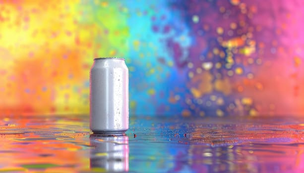 A can of soda is surrounded by a bunch of pink and blue balls by AI generated image.