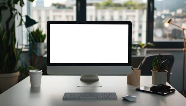 A computer monitor sits on a desk in a dimly lit room by AI generated image.