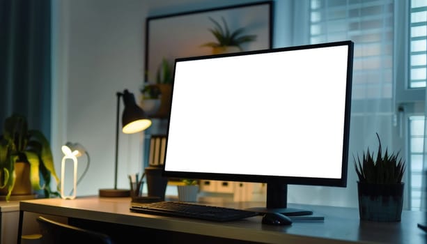 A computer monitor sits on a desk in a dimly lit room by AI generated image.