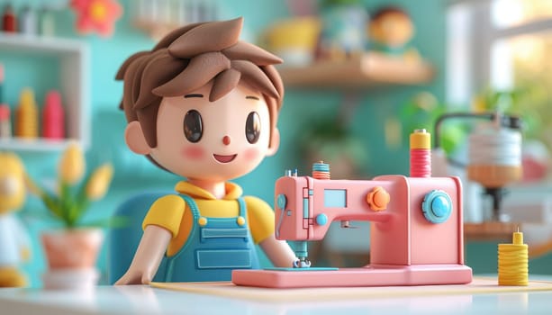 A cartoon boy is sitting at a sewing machine by AI generated image.