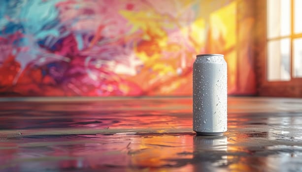 A can of soda is surrounded by a bunch of pink and blue balls by AI generated image.