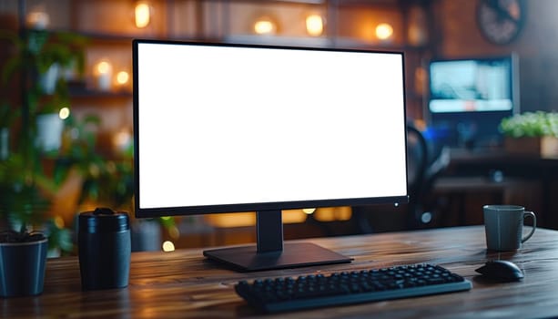 A computer monitor sits on a desk in a dimly lit room by AI generated image.