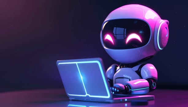 A robot is sitting in front of a laptop computer by AI generated image.