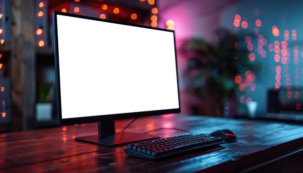 A computer monitor sits on a desk in a dimly lit room by AI generated image.