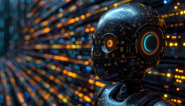 A robot with glowing eyes stands in front of a colorful background by AI generated image.