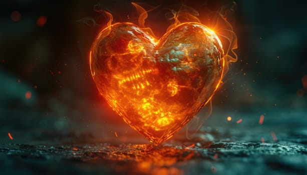 A heart made of fire is lit up and surrounded by smoke by AI generated image.