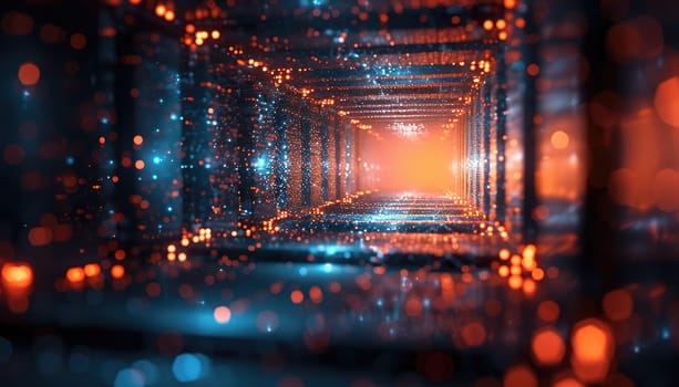 A dark tunnel with a bright orange light shining through it by AI generated image.