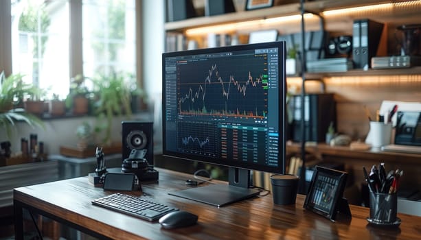 A computer monitor is on a desk in a room with a lot of books and a potted plant by AI generated image.