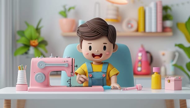 A cartoon boy is sitting at a desk with a sewing machine and a sewing kit by AI generated image.