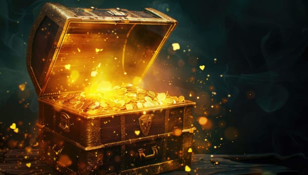 A gold chest with a lot of gold coins inside by AI generated image.