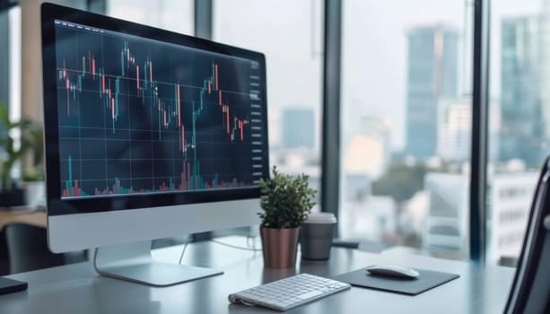 A computer monitor is on a desk in a room with a lot of books and a potted plant by AI generated image.