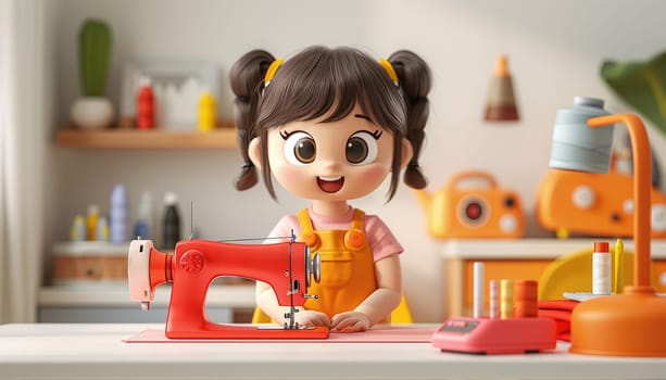 A young girl is sewing a piece of fabric with a red sewing machine by AI generated image.