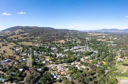 YACKANDANDAH, AUSTRALIA- DECEMBER 29 2023: An aerial view of the historic gold mining town of Yackandandah on a warm summers day in Victoria, Australia
