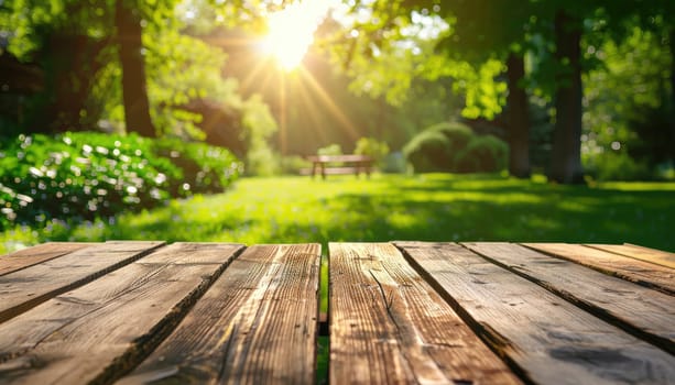 A wooden table with a bench in the background by AI generated image.