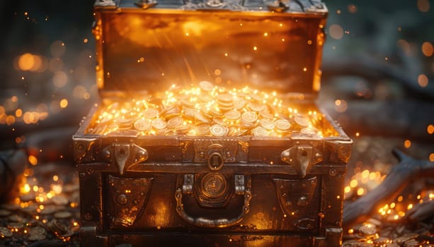 A gold chest with a lot of gold coins inside by AI generated image.