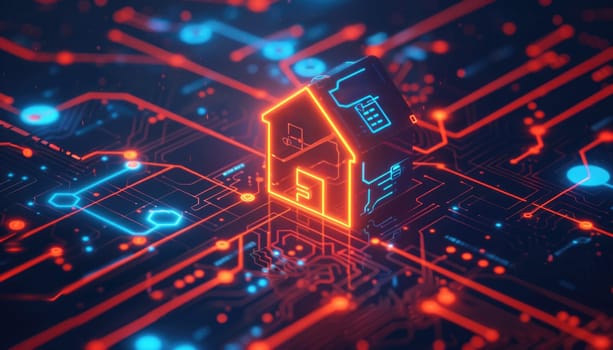A house is lit up in neon colors on a circuit board by AI generated image.