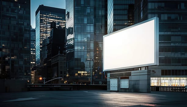 A city street at night with a large white billboard in the background by AI generated image.