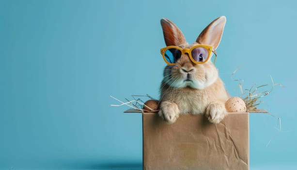 A rabbit wearing sunglasses and standing in front of a cardboard box by AI generated image.