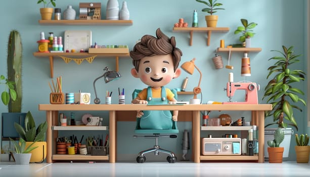A cartoon boy is sitting at a desk with a sewing machine and a sewing kit by AI generated image.