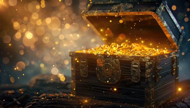 A gold chest with a lot of gold coins inside by AI generated image.