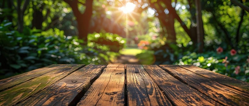 A wooden table with a bench in the background by AI generated image.