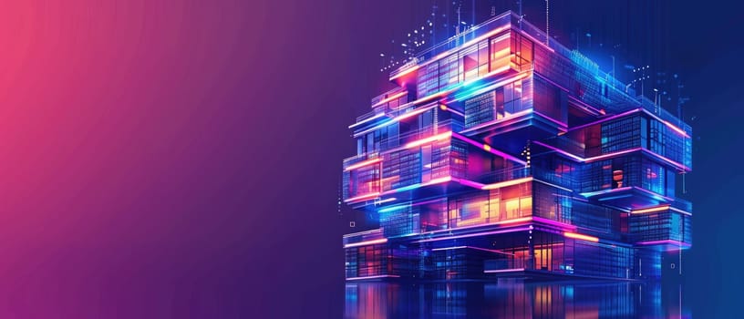 A cityscape with buildings lit up in neon colors by AI generated image.