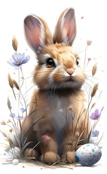 A fawn rabbit with long ears and whiskers is sitting beside an Easter egg and colorful flowers, showcasing the beauty of these terrestrial animals during this festive event