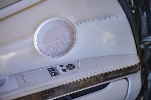 Close-up of a luxury car door's speaker and buttons, framed by elegant leather detailing.