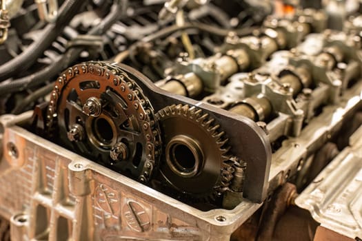 Detailed view of a car engine's timing chain with maintenance and replacement symbol.