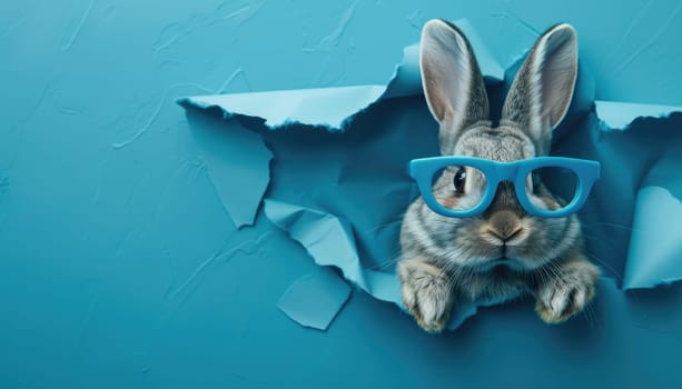 A rabbit wearing glasses is peeking out from a hole in a blue background by AI generated image.