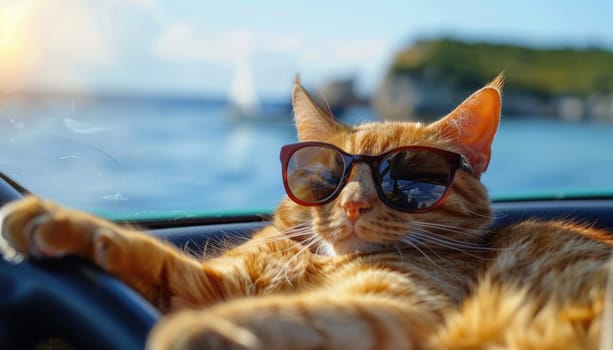 A cat wearing sunglasses is sitting in a car window by AI generated image.
