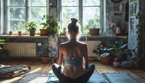 A woman is sitting on a mat in a room with plants by AI generated image.