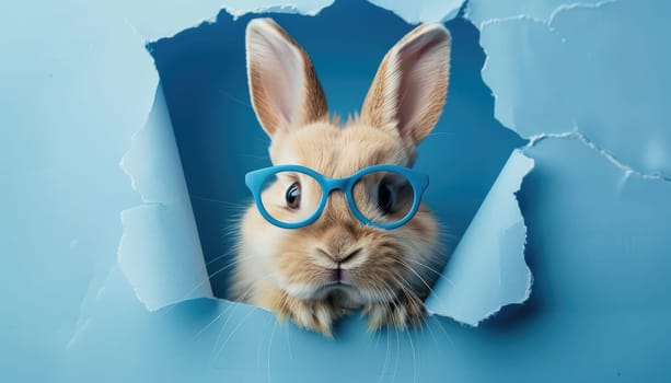 A rabbit wearing glasses is peeking out from a hole in a blue background by AI generated image.