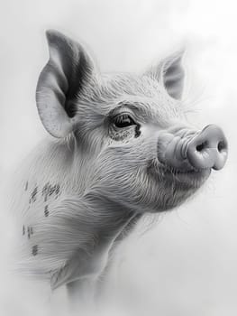 A monochrome pencil drawing of a pigs head, featuring its ear, snout, whiskers, fur, and eyelash details. This terrestrial working animal is depicted in monochrome photography style