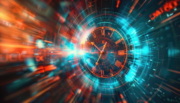 A clock with Roman numerals is shown in a blurry, colorful, and abstract style by AI generated image.