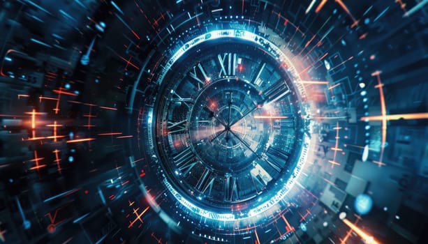 A clock with Roman numerals is shown in a blurry, colorful, and abstract style by AI generated image.