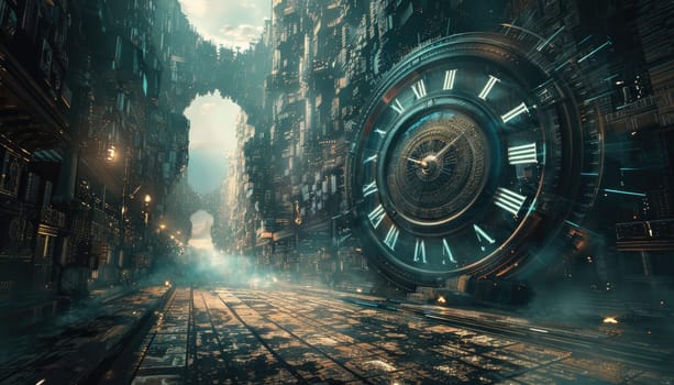 A clock with Roman numerals is in the middle of a city by AI generated image.