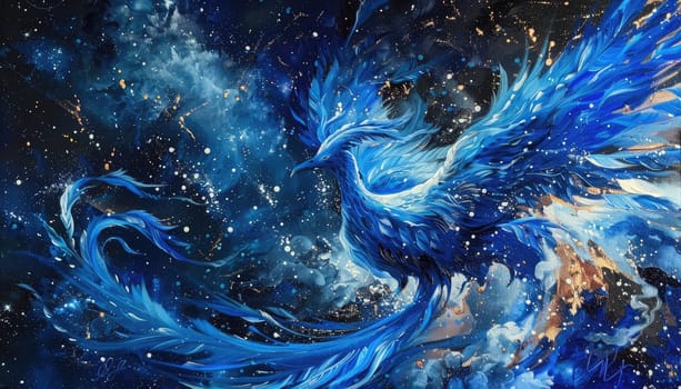 A blue bird with gold feathers is flying through the sky by AI generated image.
