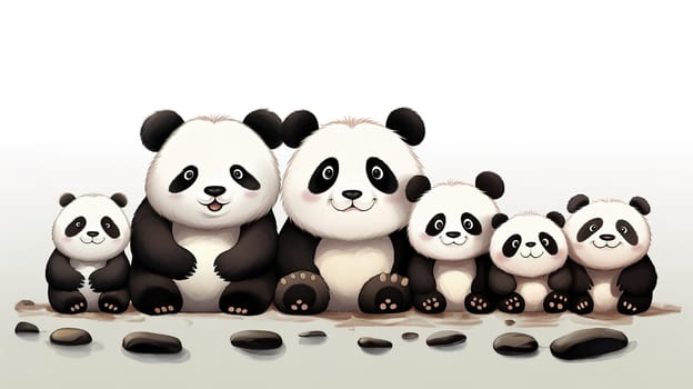 group portrait of a large family of cute fluffy pandas sitting amicably and peacefully next to each other, parents and their children, sacred Chinese animal, Generated AI