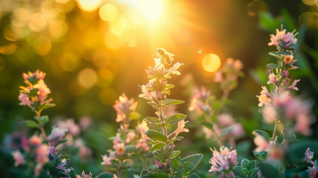 Blooming oregano in the garden under the soft rays of sunlight, honey bee on the inflorescences. AI generated.