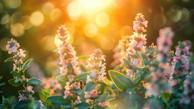 Blooming oregano in the garden under the soft rays of sunlight, honey bee on the inflorescences. AI generated.
